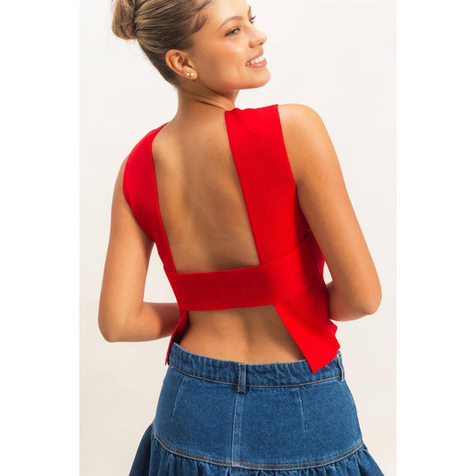 Ribbed Crew Neck Sleeveless Open Back Top