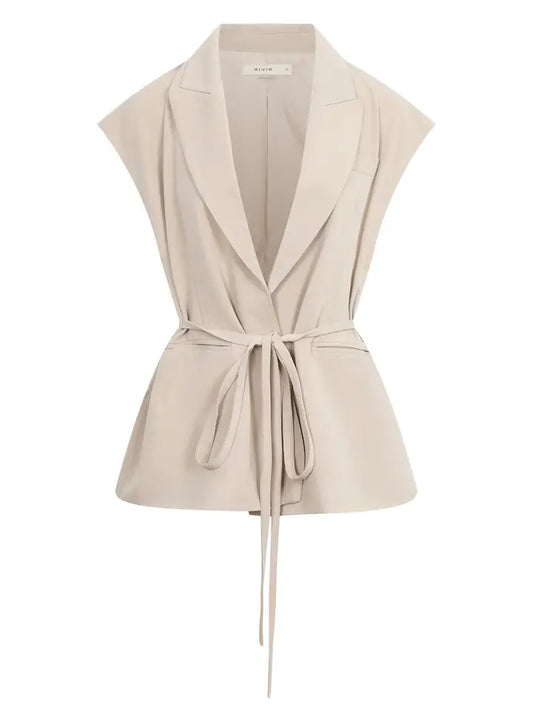 Woven Sleeveless Blazer Vest with Waist Tie