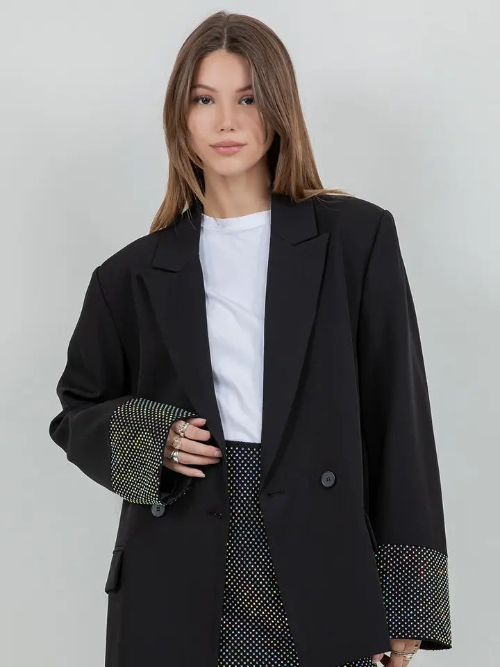 Blazer with Contrast Rhinestone Sleeves