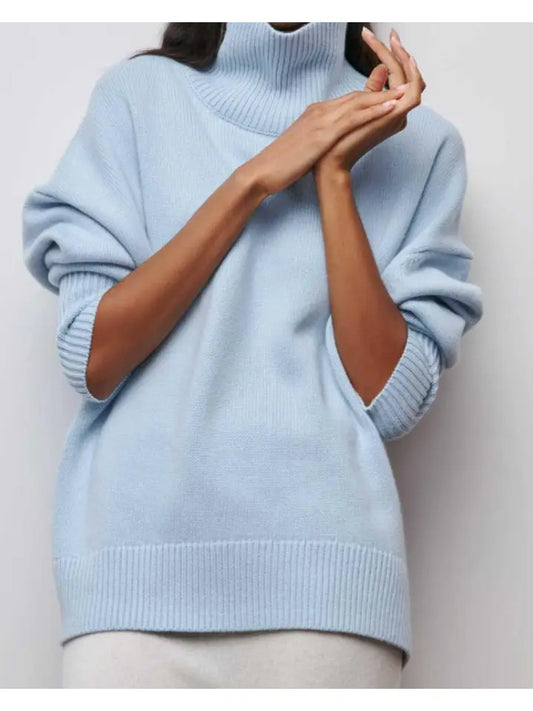 Baby Blue Solid Color Turtleneck Knit Sweater