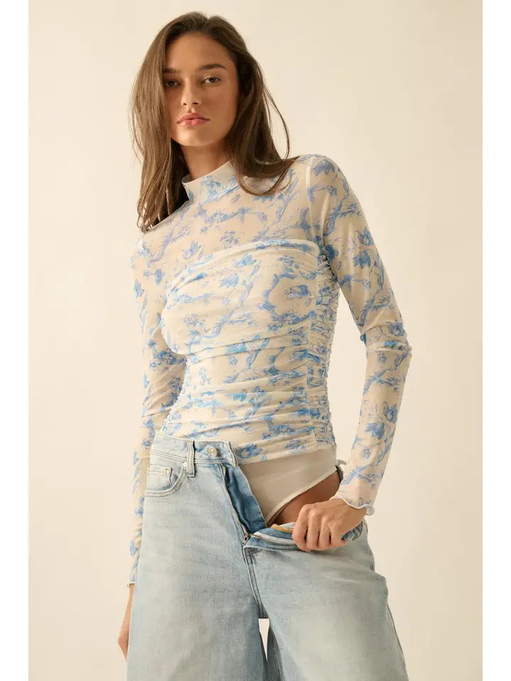 Blue and White Mesh Floral Bodysuit