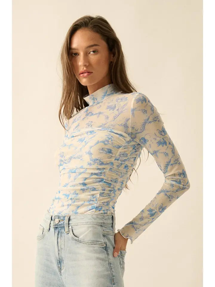 Blue and White Mesh Floral Bodysuit