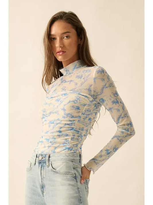 Blue and White Mesh Floral Bodysuit