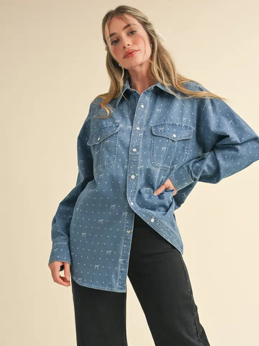 Bow Print Oversized Denim Button Down Top