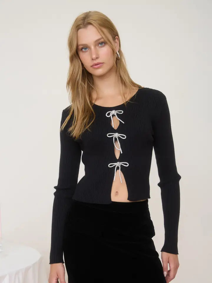 Front Jeweled Bow Cut-Out Detail Knit Cardigan