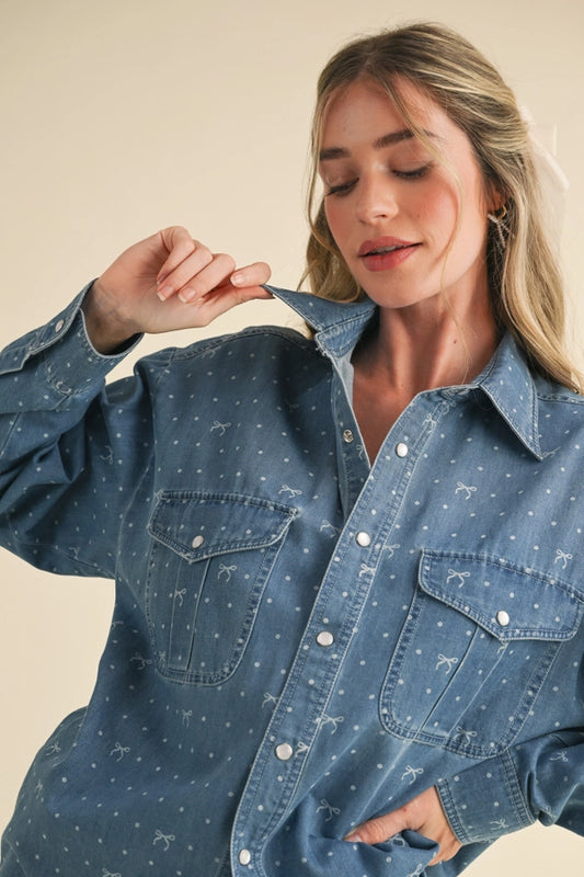 Bow Print Oversized Denim Button Down Top