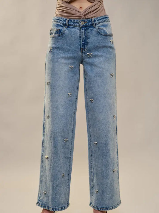 Bow Embellished Straight Leg Jeans