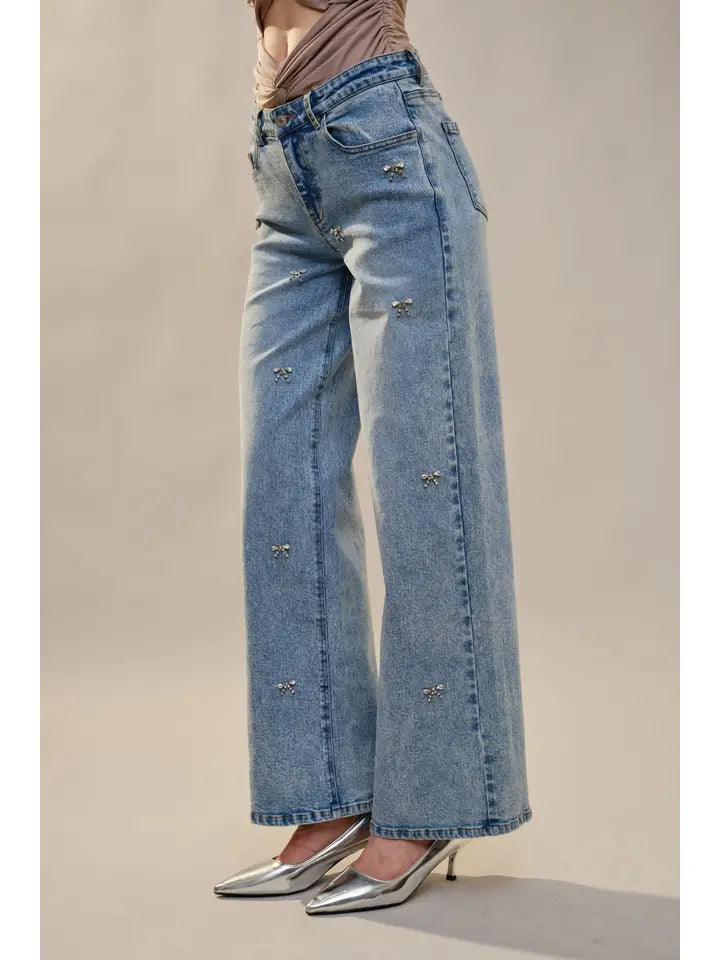 Bow Embellished Straight Leg Jeans