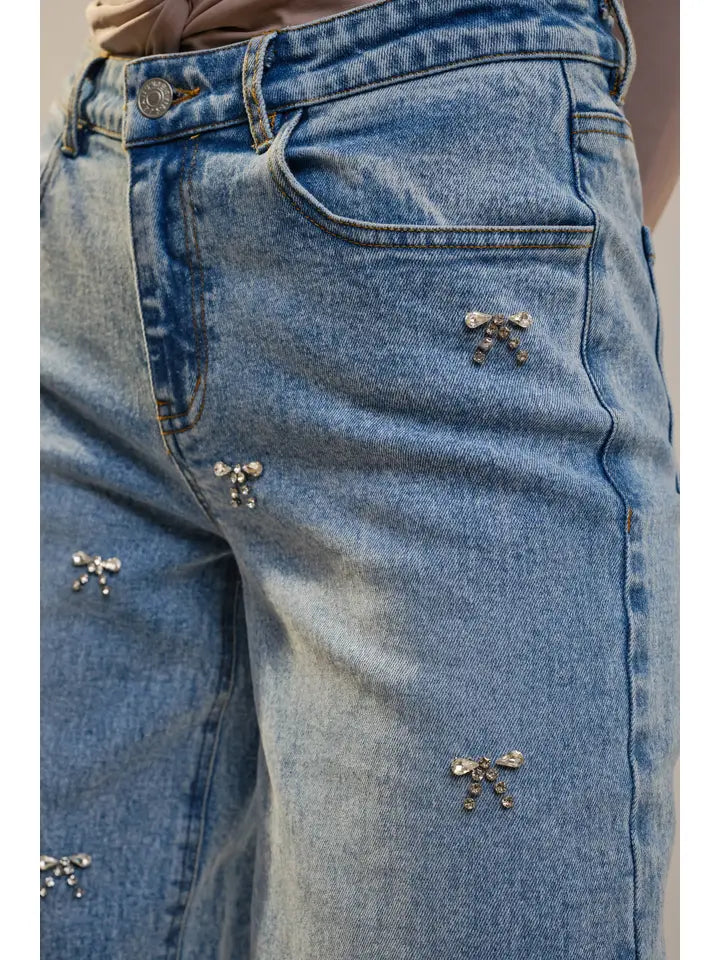 Bow Embellished Straight Leg Jeans