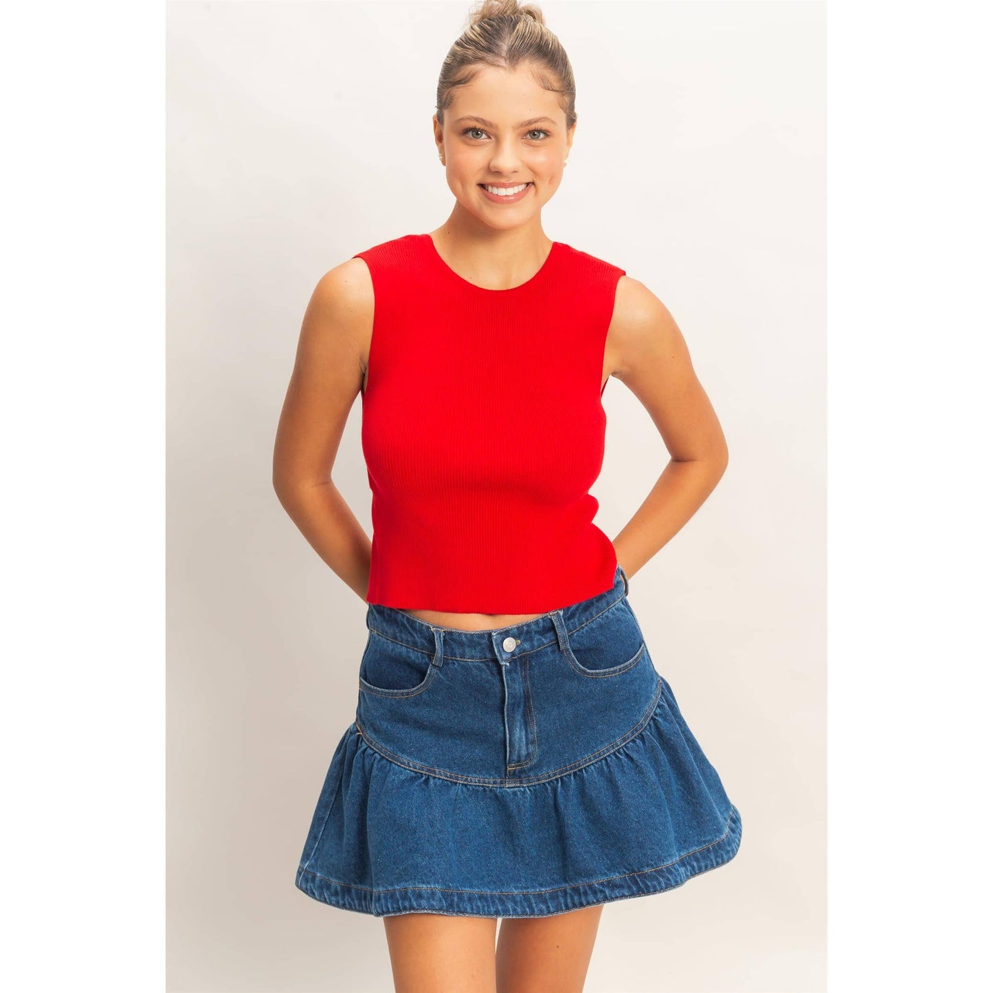 Ribbed Crew Neck Sleeveless Open Back Top