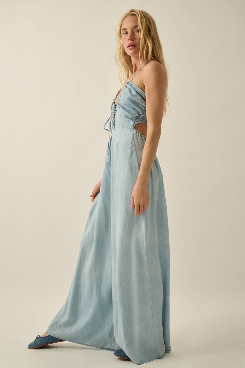 Tencel Denim Open-Back Wide-Leg Halter Jumpsuit