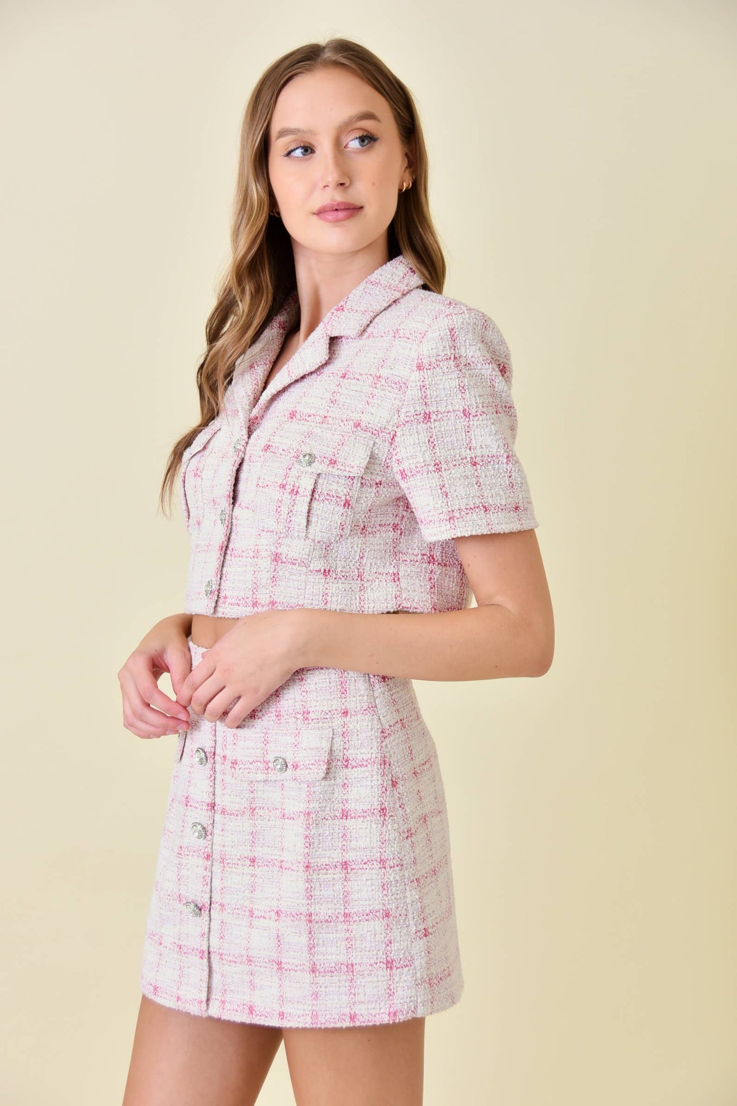 Short Sleeve Pink Tweed Crop Jacket