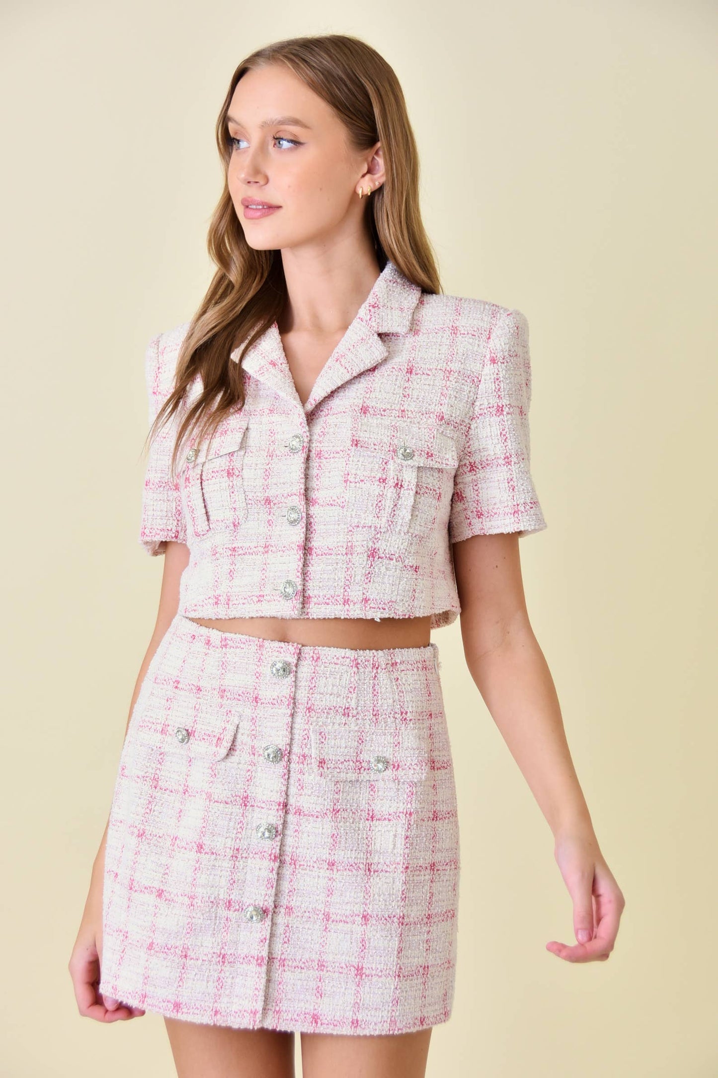 Short Sleeve Pink Tweed Crop Jacket