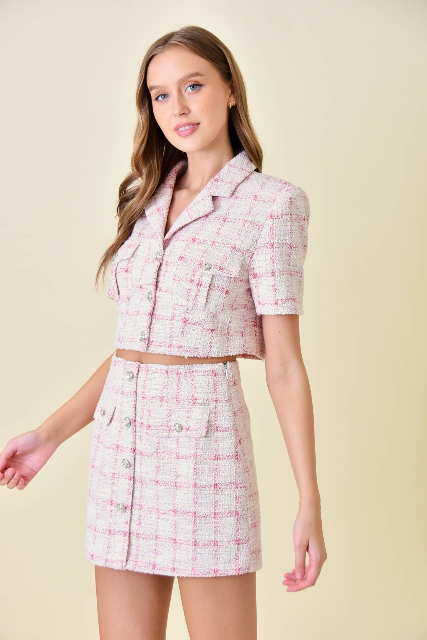 Short Sleeve Pink Tweed Crop Jacket