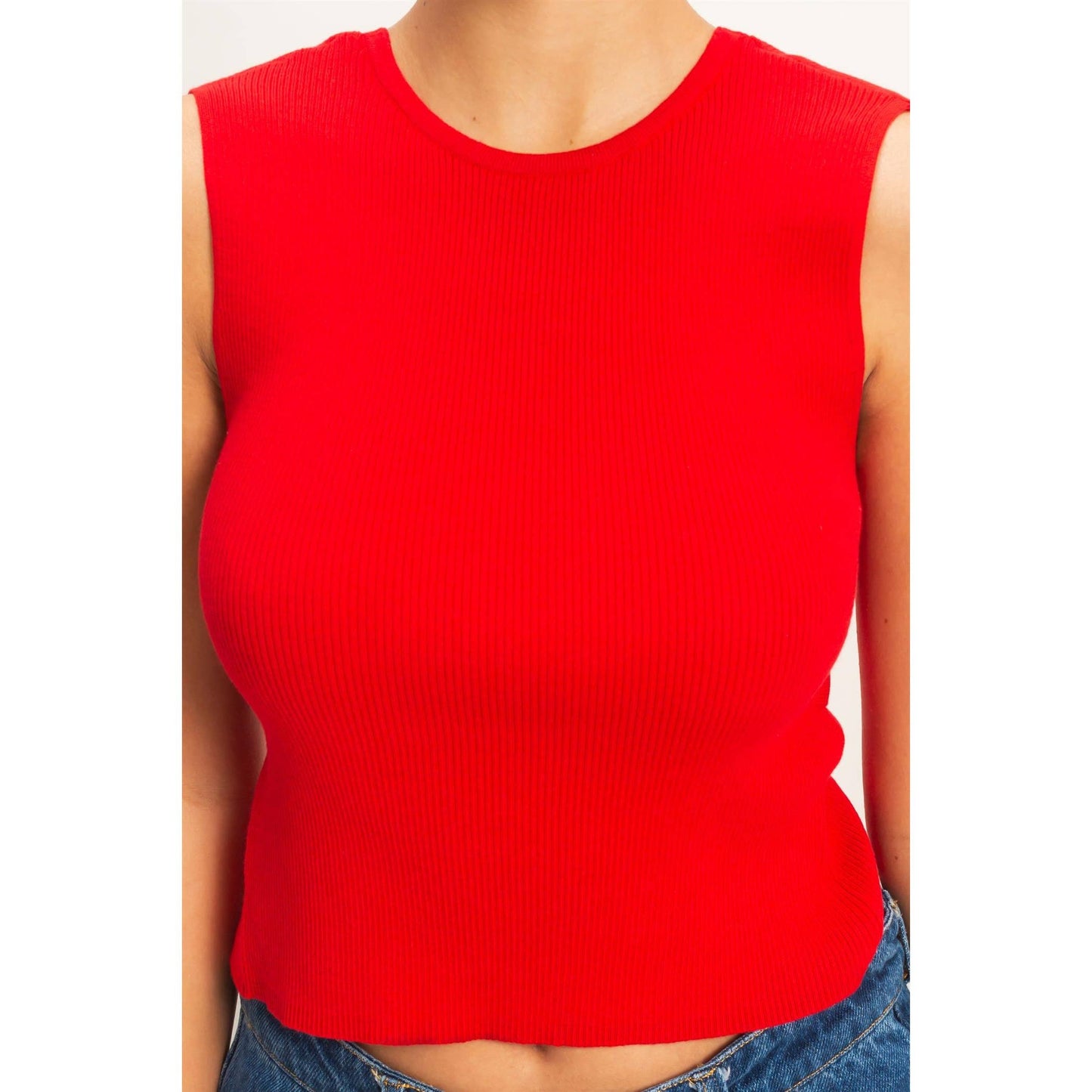 Ribbed Crew Neck Sleeveless Open Back Top