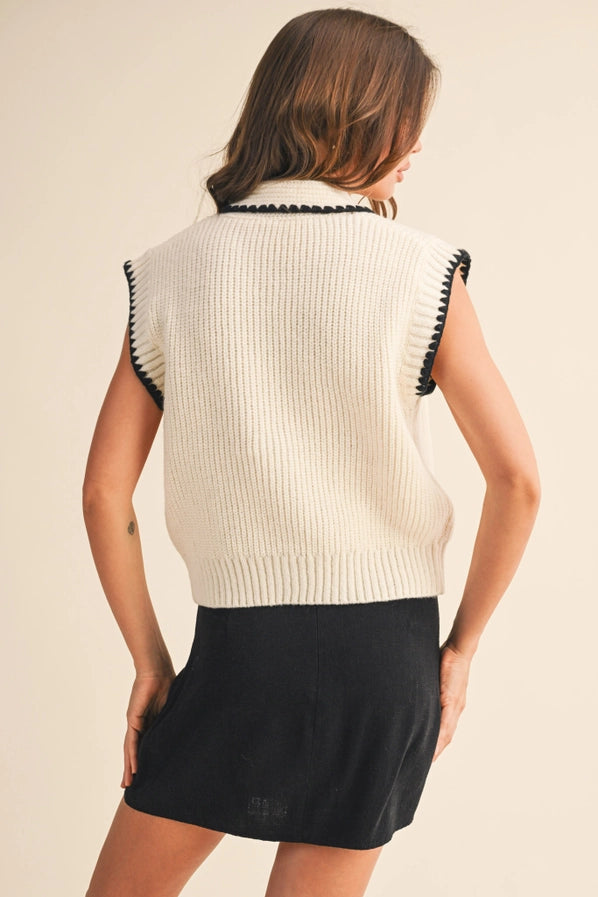 Tie Neck Sweater Vest with Contrast Blanket Stitch