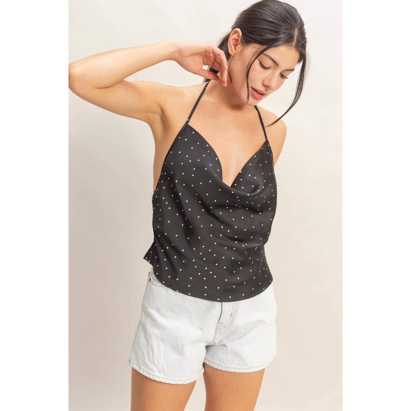 Polka Dot Cowl Neck Halter Top