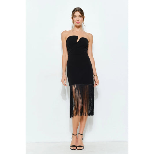 Strapless V-Cutout Neckline Fringed Midi Dress