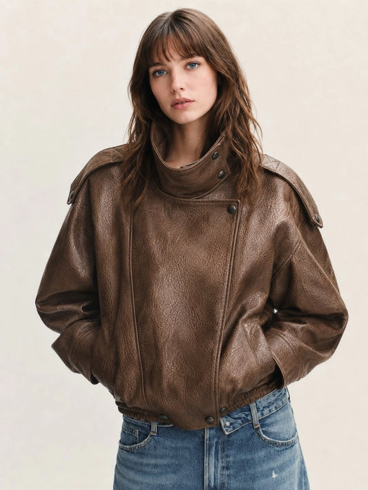 Funnel Neck Leather Jacket