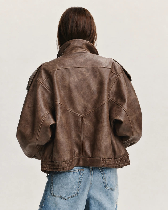 Funnel Neck Leather Jacket