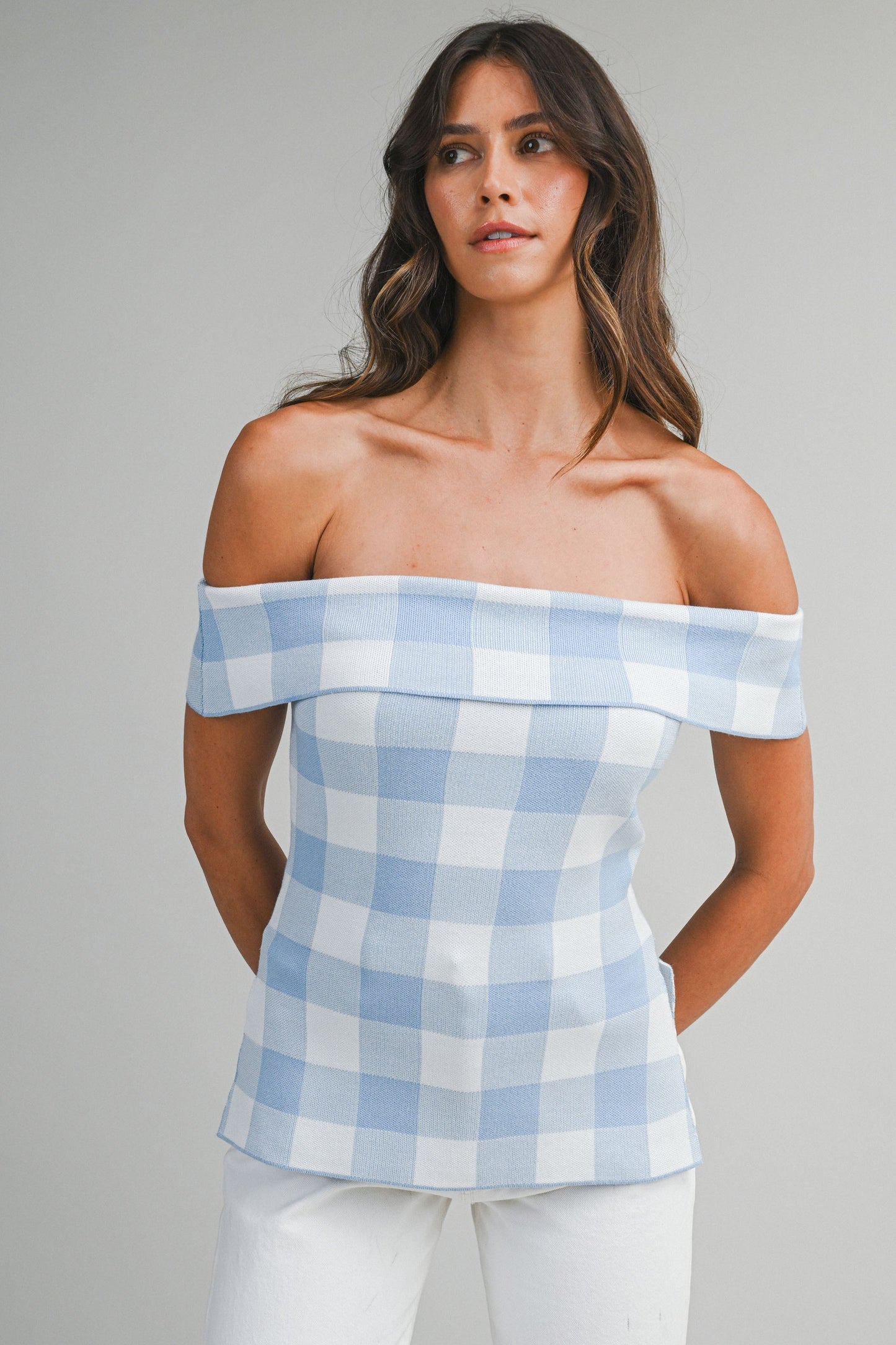 Gingham Plaid Off Shoulder Knit Top With Side Slit