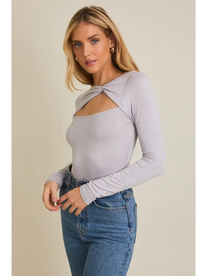 Front Twist Cut Out Detail Long Sleeve Bodysuit