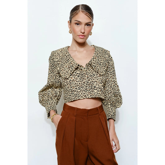 Leopard Print Blouse with Statement Wide Collar