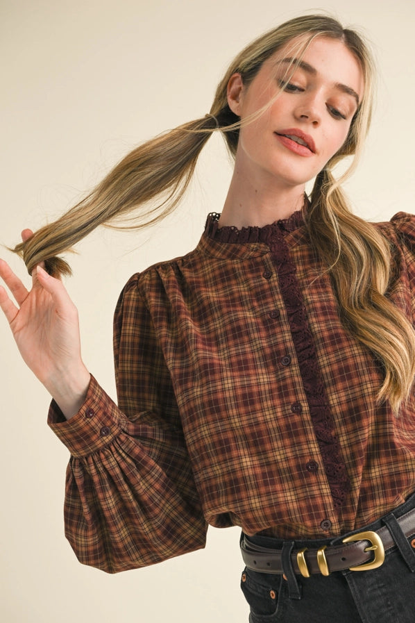 Plaid Lace Trim Button Down Top