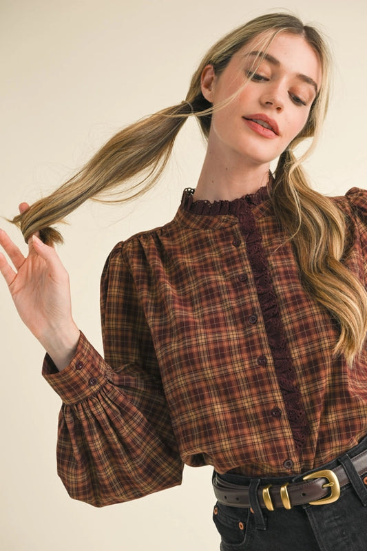 Plaid Lace Trim Button Down Top
