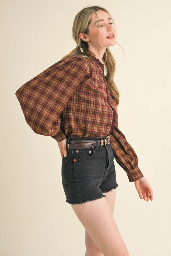 Plaid Lace Trim Button Down Top