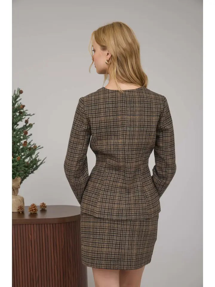 Plaid Tweed Button Down V Neck Blazer