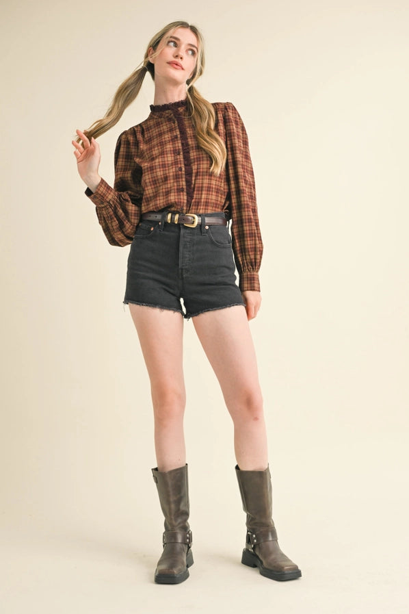 Plaid Lace Trim Button Down Top