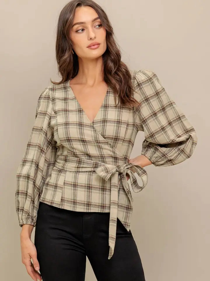 Wrap Woven Plaid Top