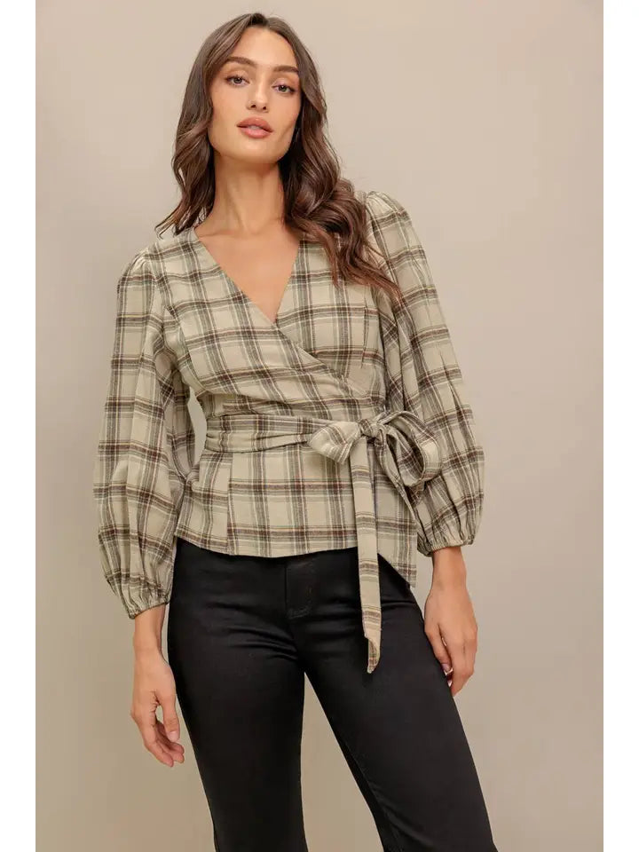 Wrap Woven Plaid Top