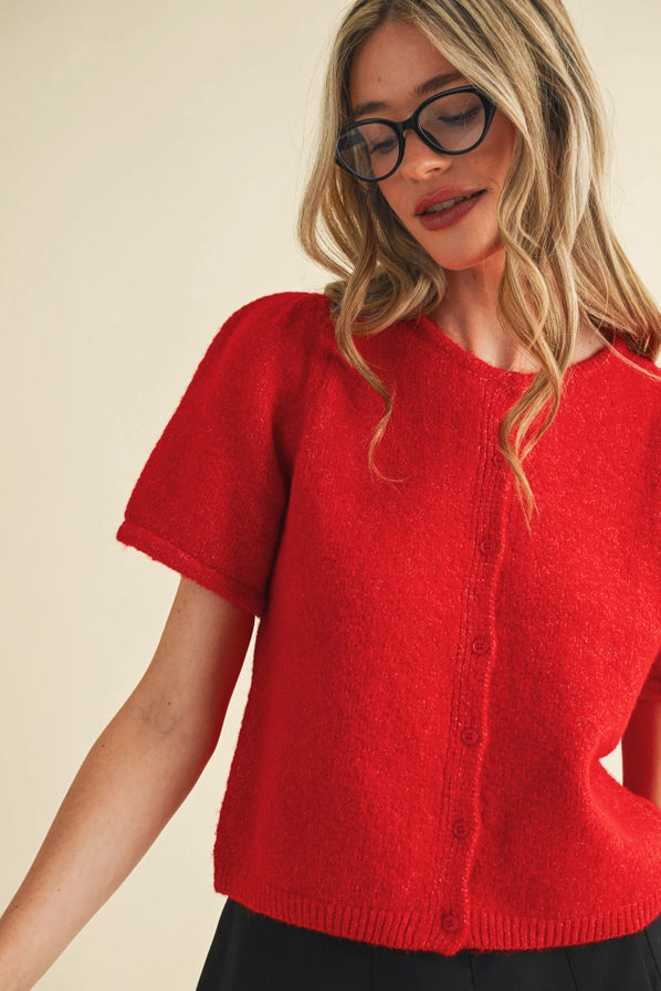 Short Puff Sleeve Sweater Cardigan