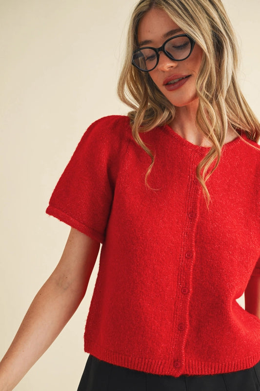 Short Puff Sleeve Sweater Cardigan