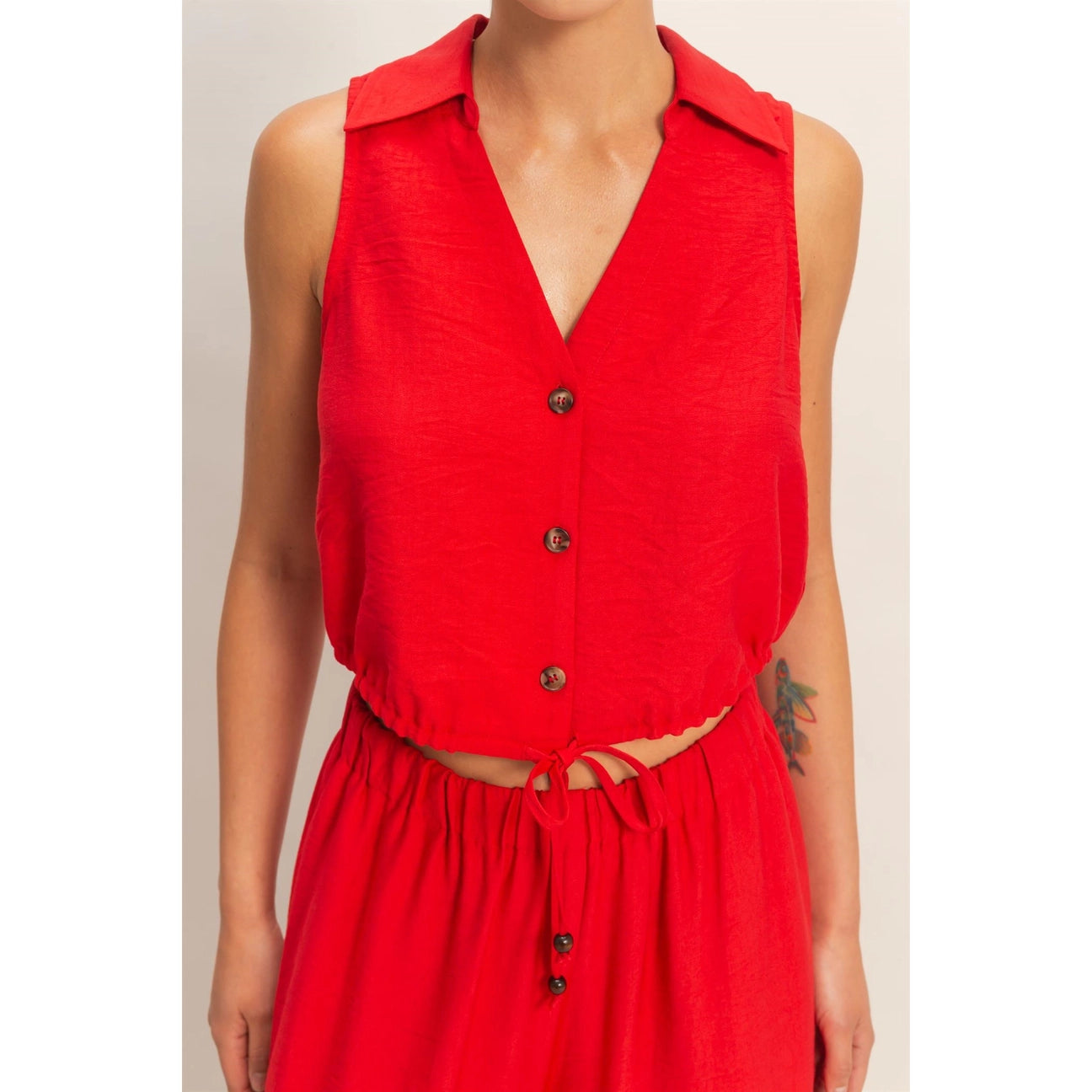 Red Button Front Vest & Pants Set