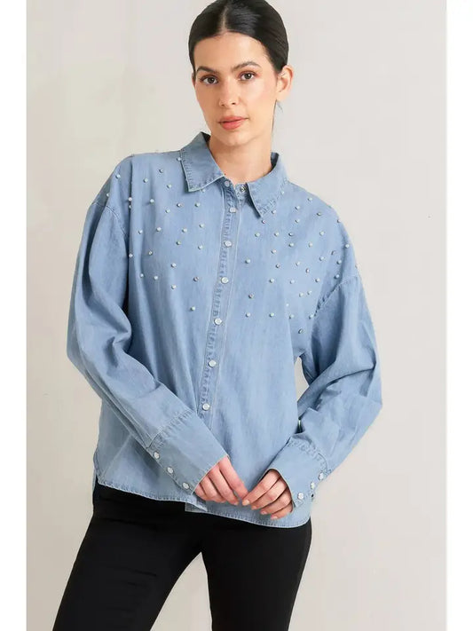 Chambray Pearl & Rhinestone Top