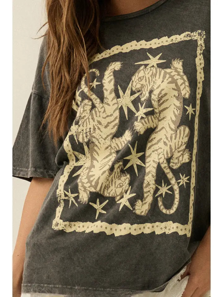 Tigers and Stars Vintage-Wash Oversized Graphic Tee